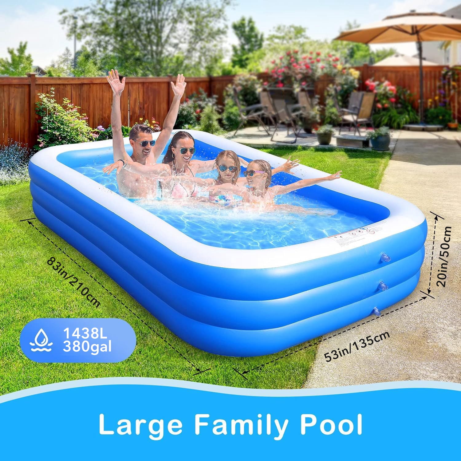 BN-LINK Inflatable Swimming Pool, 83’’ × 53’’ × 20’’ Large & Thickened Family Swimming Pool for Garden, Outdoor, Backyard, Suitable for Adults and Family