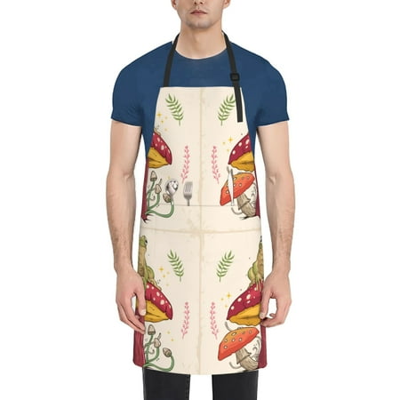 

Xecao Frog Sitting On Mushroom Print Kitchen Cooking Aprons Waterproof Adjustable Bib Aprons with 2 Pockets for Women Men Chef
