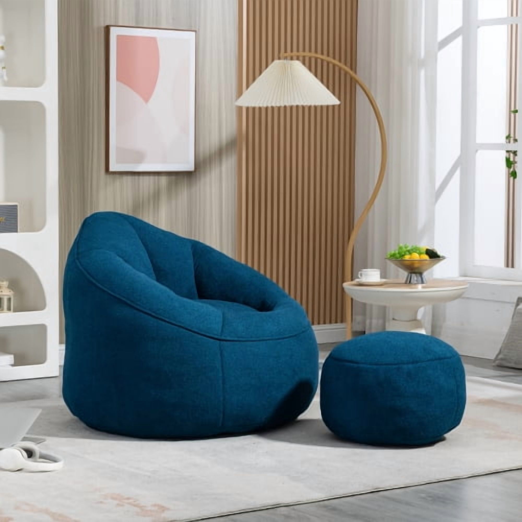 BSHTI 40"Bedding Bean Bag Sofa Chair,High Pressure Foam Bean Bag Chair,Adult Material with Padded Foam Padding Compressed Bean Bag With Footrest-Blue
