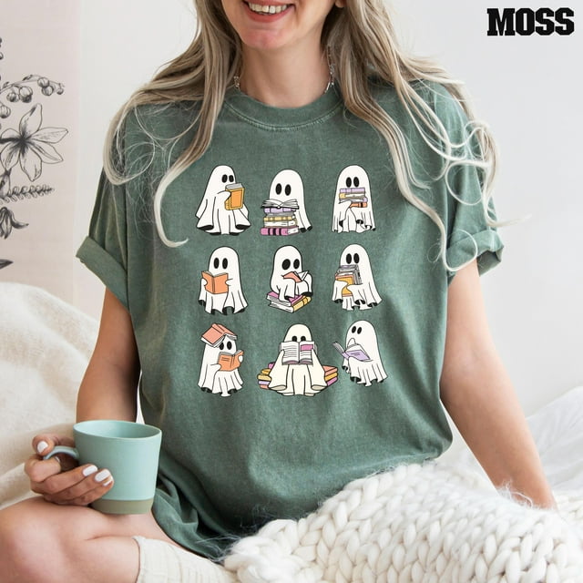 Comfort Colors® Ghost Reading Books T-Shirt, Halloween Teacher Shirt, Book Lover Gift, Hal - Pepper - L
