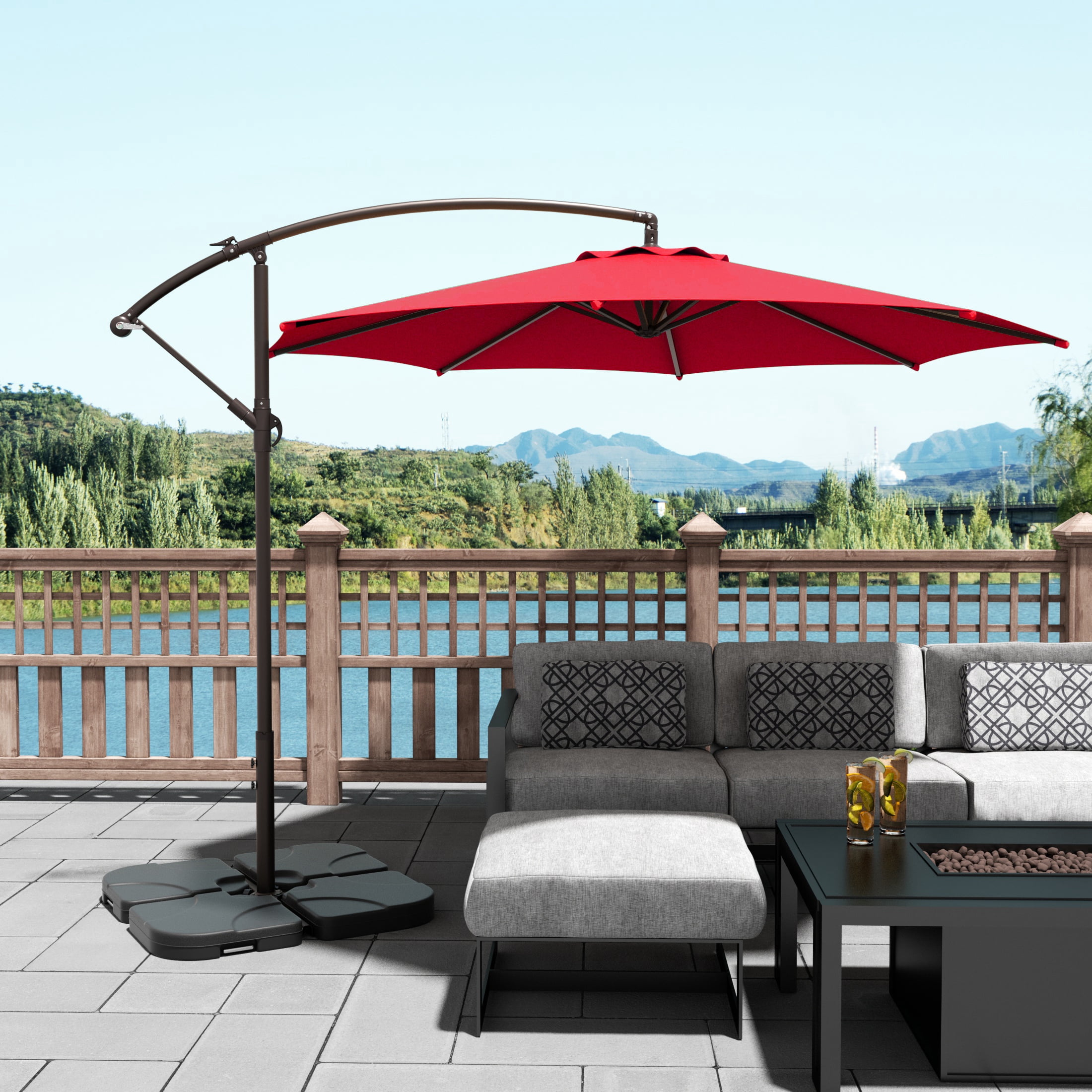 WestinTrends Julia 10 Ft Outdoor Patio Cantilever Umbrella with Base Included, Market Hanging Offset Umbrella with 4-Pieces Fillable Base Weight, Red