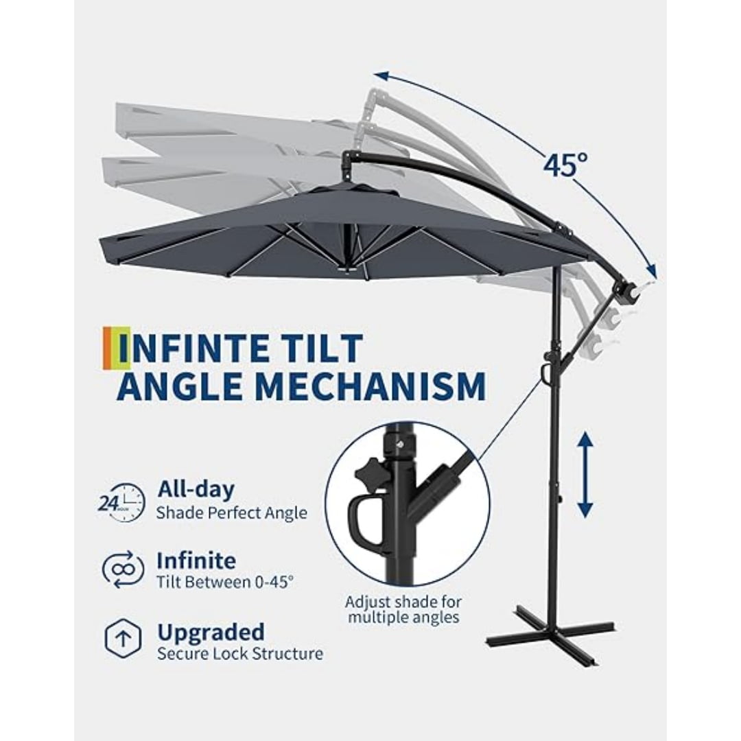 10FT Cantilever Patio Umbrella with Heavy-Duty Cross Base, Outdoor Offset Market Umbrella with Infinite Tilt & Easy Crank Lift – Waterproof, UV-Resistant, Wind-Resistant, Sturdy Aluminum Pole