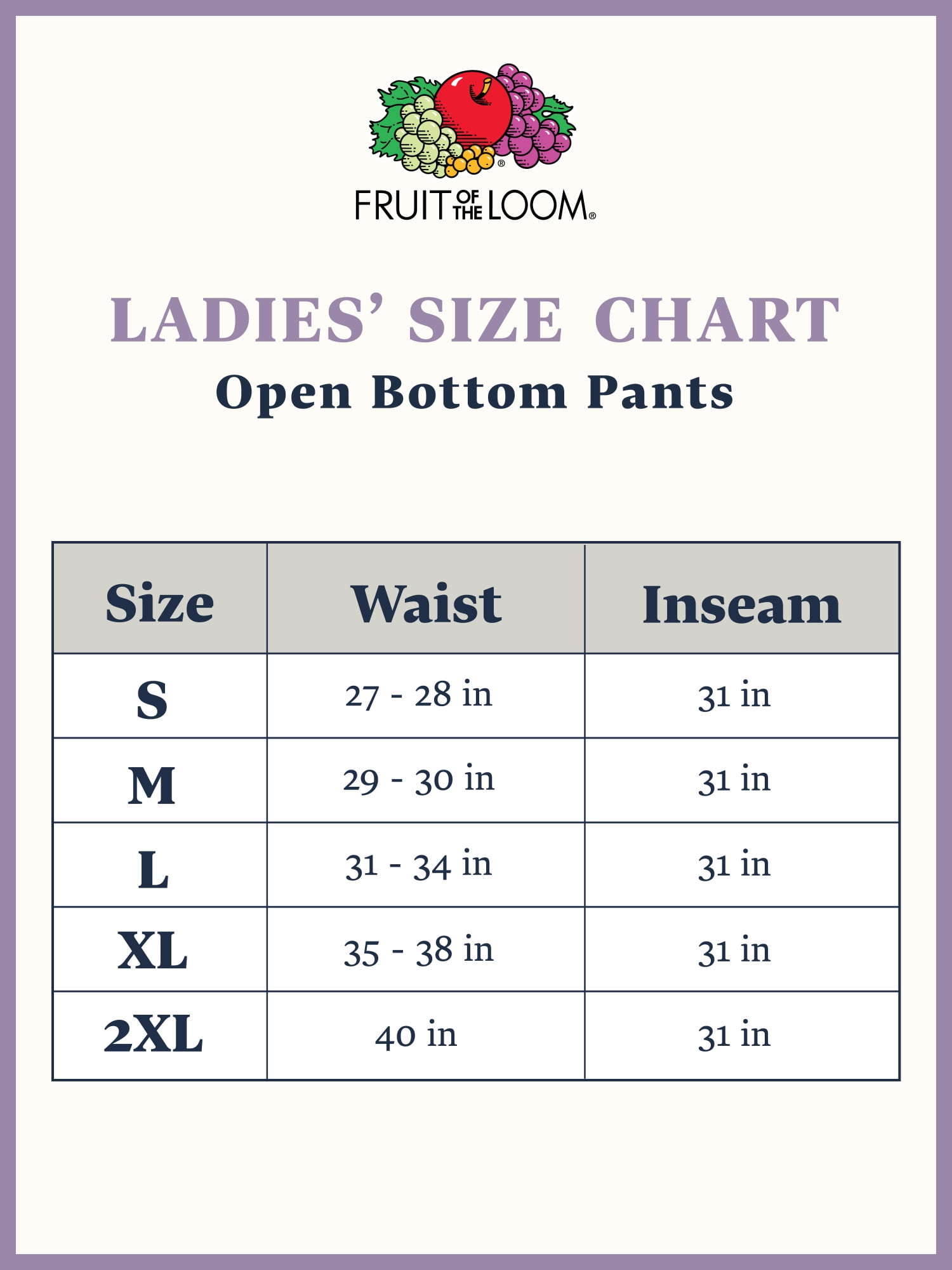 Fruit Of The Loom Women S Size Chart