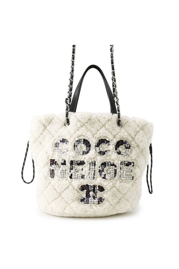 Pre-Owned Chanel Tote Bag, Coco Mark, Neige, Tweed, Shearling AS0981, CHANEL Handbag, White,...