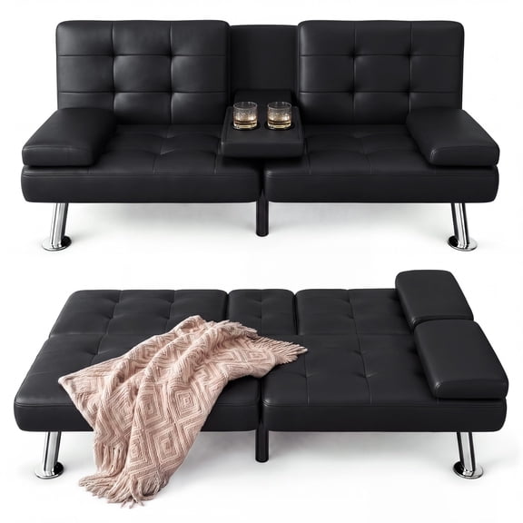 Furmax Modern Convertible Futon Sofa Bed with Cup Holders, Black PU Leather