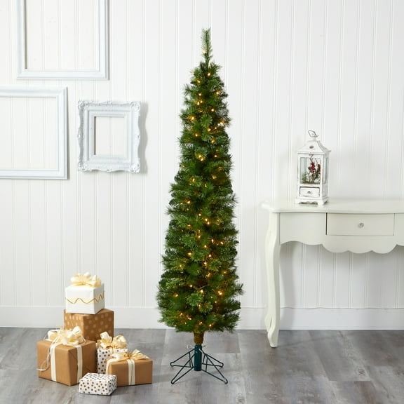 Nearly Natural 6ft Green Pencil Christmas Tree with 150 Clear LED Lights