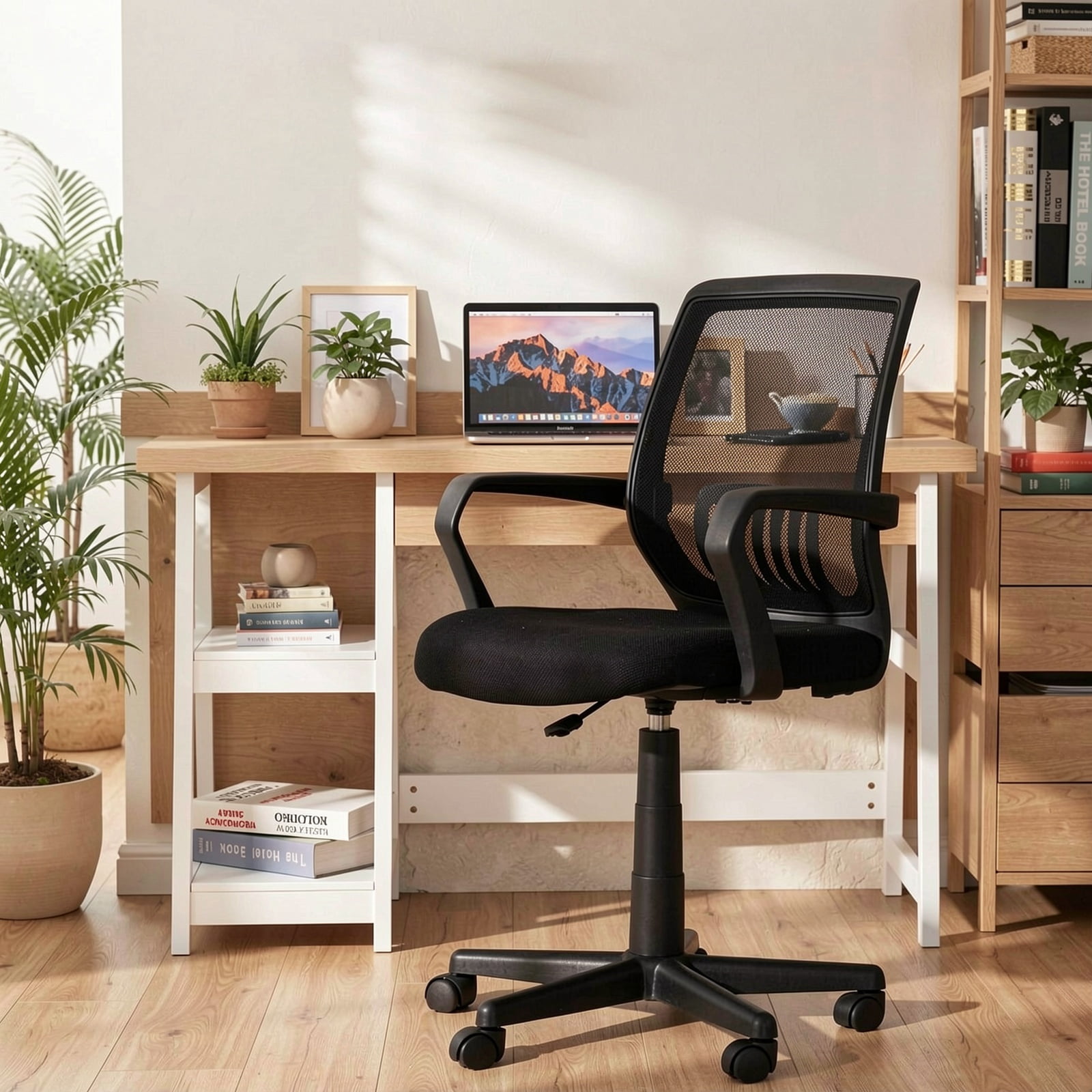 Furnibear Ergonomic Mesh Office Chair with Lumbar Support, Mid-Back Swivel Executive Desk Chair Adjustable Height for Home Office, Black