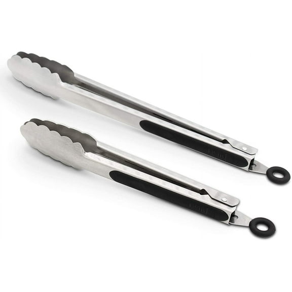 304 Stainless Steel Kitchen Cooking Tongs, 9" and 12" Set of 2 Sturdy Grilling Barbeque Brushed Locking Food Tongs with Ergonomic Grip, Black
