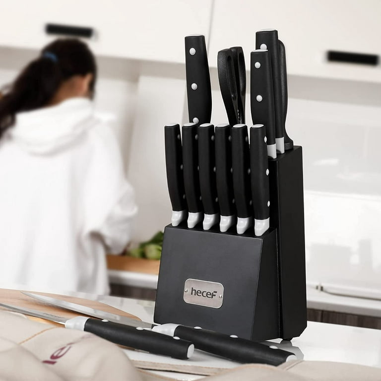 Hecef 6 Piece Kitchen Knife Block Set,All Metal Construction Hollow Handle  Tapper Ground Knives & Double Sided Magnet Wood Knife Block (Silver)