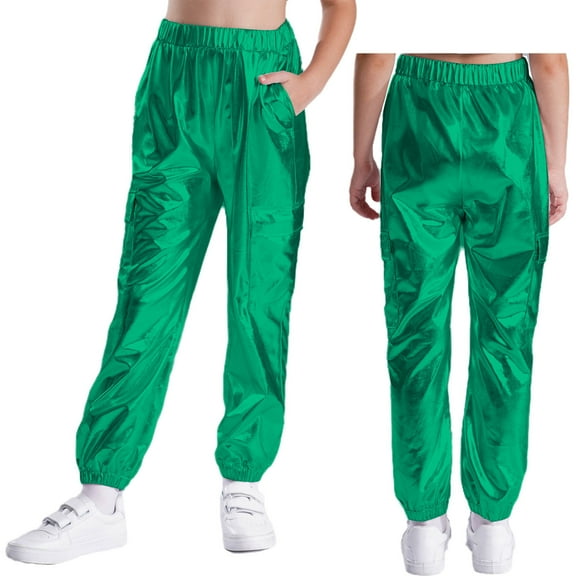 Hansber Metallic Cargo Pants for Girls Boys Hip Hop Dance Multi-Pocket Sweatpants Active Joggers Pants Green 16