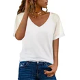 thumbnail image 1 of Camiseta de manga corta de encaje a rayas transparente para mujer, jersey con cuello en V de Color sólido, Tops elegantes, camisetas sueltas informales de verano, 1 of 4