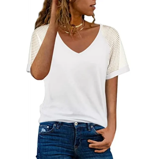 Camiseta de manga corta de encaje a rayas transparente para mujer, jersey con cuello en V de Color sólido, Tops elegantes, camisetas sueltas informales de verano
