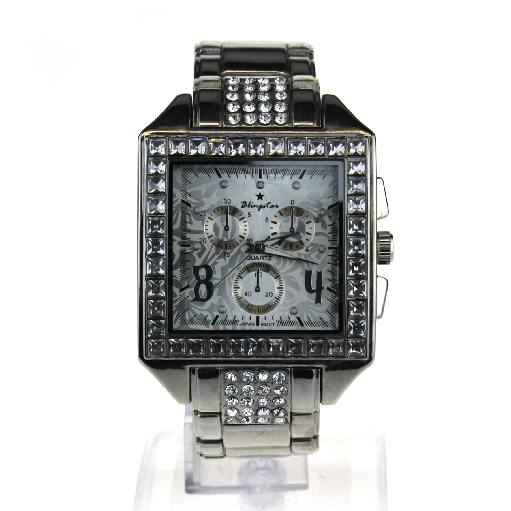 Mens Rectangular Rhinestone Iced Out Bling Luxury Silver Metal Watch
