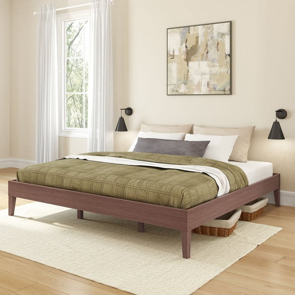 Now Furniture King Bed Frame, Wooden Platform Bed, Textured Dark Brown