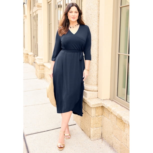 Catherines Women's Plus Size Easy Faux Wrap Dress, Size: 2XL, Black Catherines Women's Plus Size Easy Faux Wrap Dress, Size: 2XL, Black