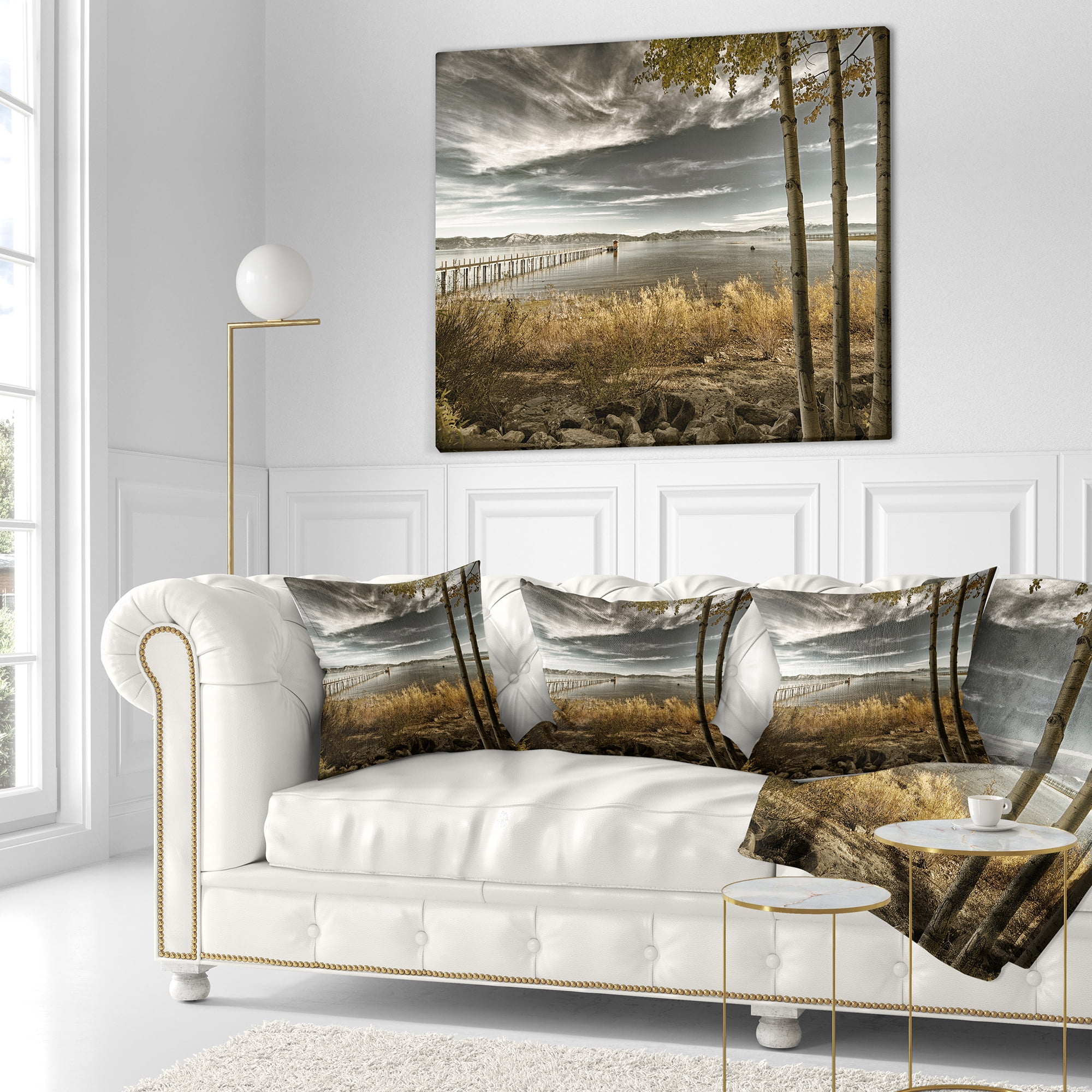 Designart Pier in Brown Lake - Landscape Photo Throw Pillow - 16x16