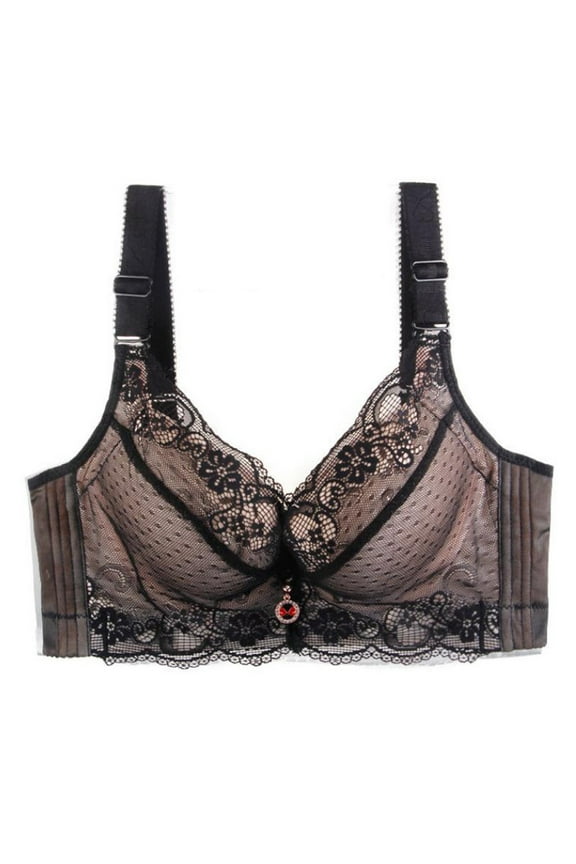 Push Up Bra for Women Plus Size Adjustable Sports Extra-Elastic Breathable Lace Trim Bras Black 48C