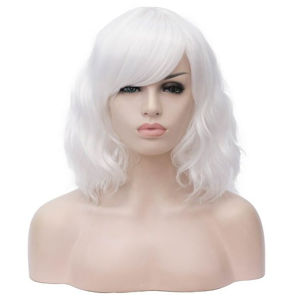 BERON White Short Wigs Curly Wavy Women Wig with Side Part Bangs Synthetic Hair Wigs
