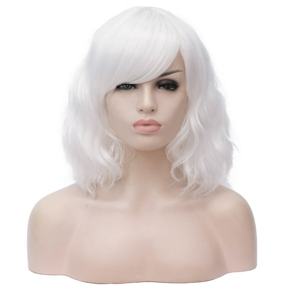 BERON White Short Wigs Curly Wavy Women Wig with Side Part Bangs Synthetic Hair Wigs