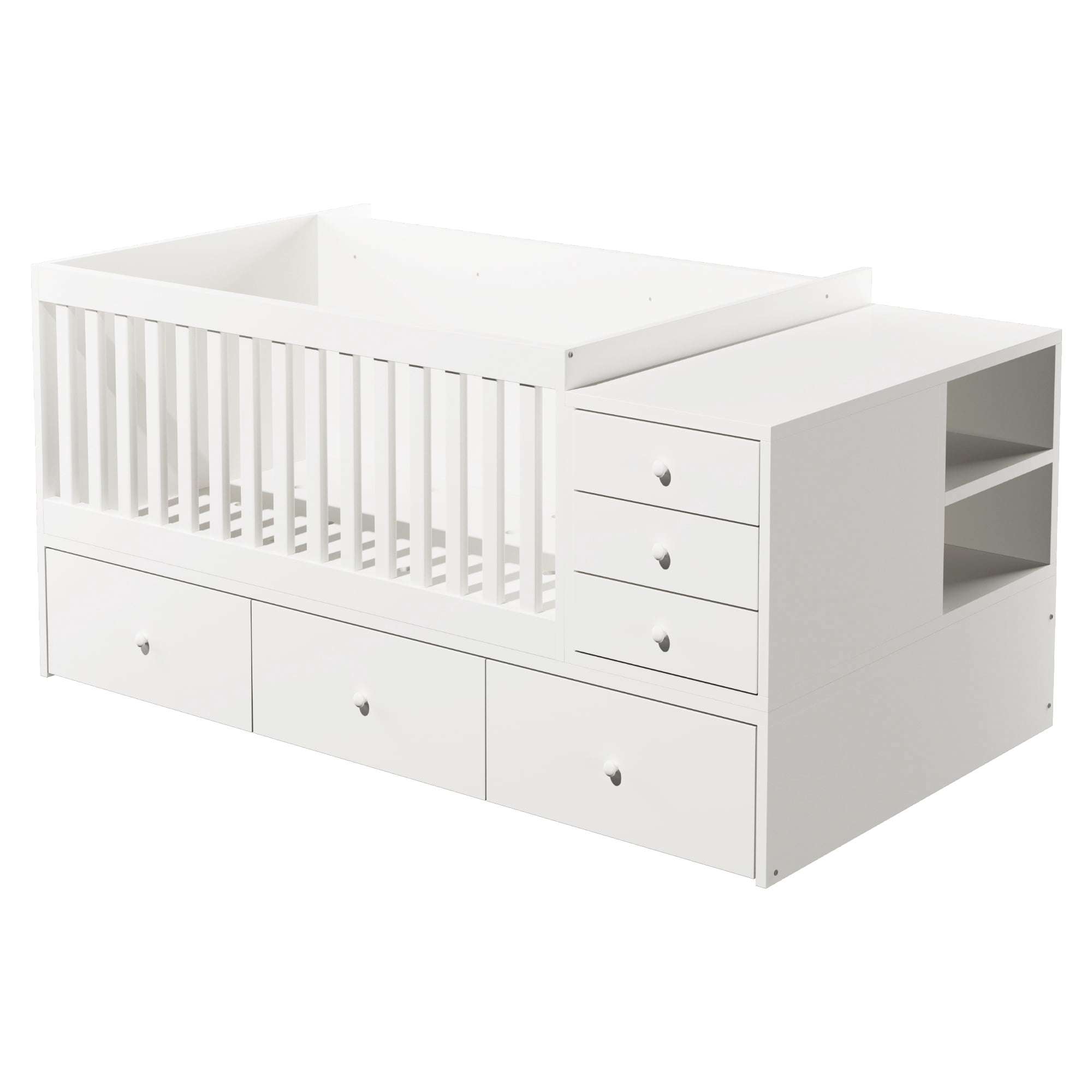 Euroco Wood Toddler Daybed with Drawers and Cabinets, 2-in-1 Crib with Movable Guardrails, White