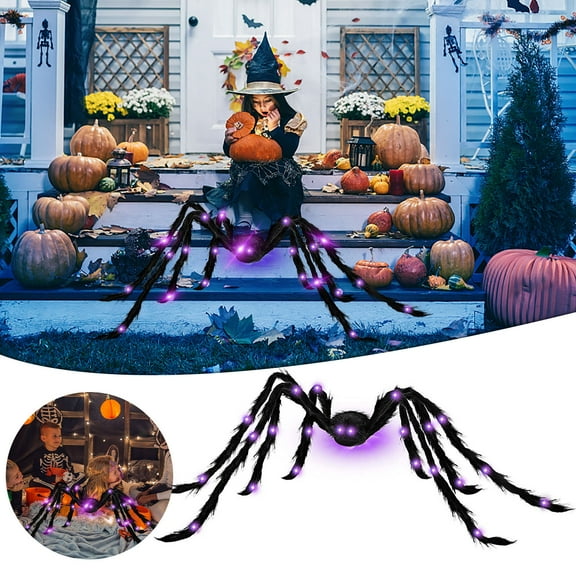 Large Halloween Spider Decorations, Light up LED Eyes Legs Battery Operated Realistic Black Hairy Spider Scary Halloween Decor Outdoor Indoor Spider Web Yard Haunted House Party