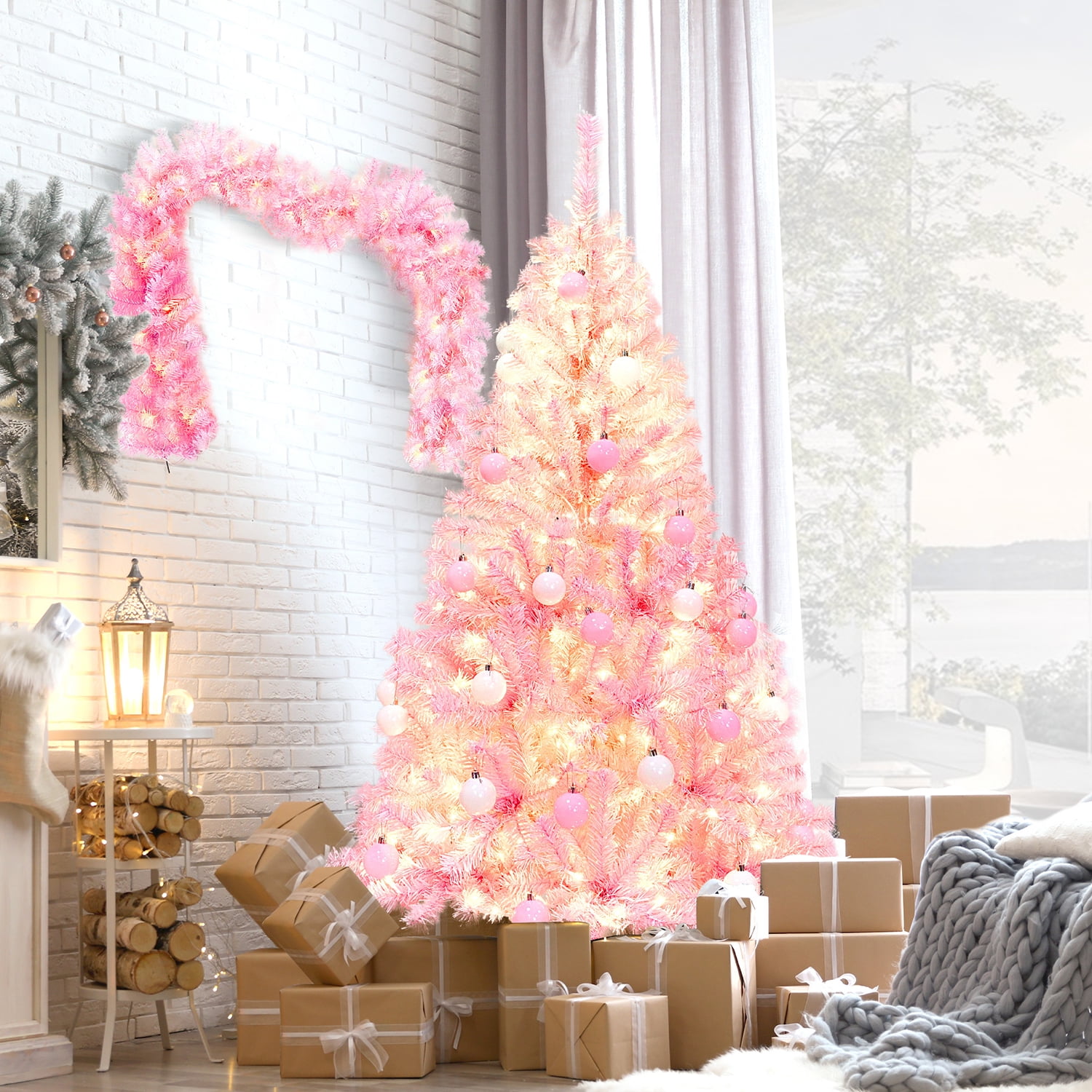 Kadyn Pre-lit Artificial Christmas 2-Piece Set, Xmas Tree 5FT Pink Christmas Tree with 6 feet Garland X-mas, Pink