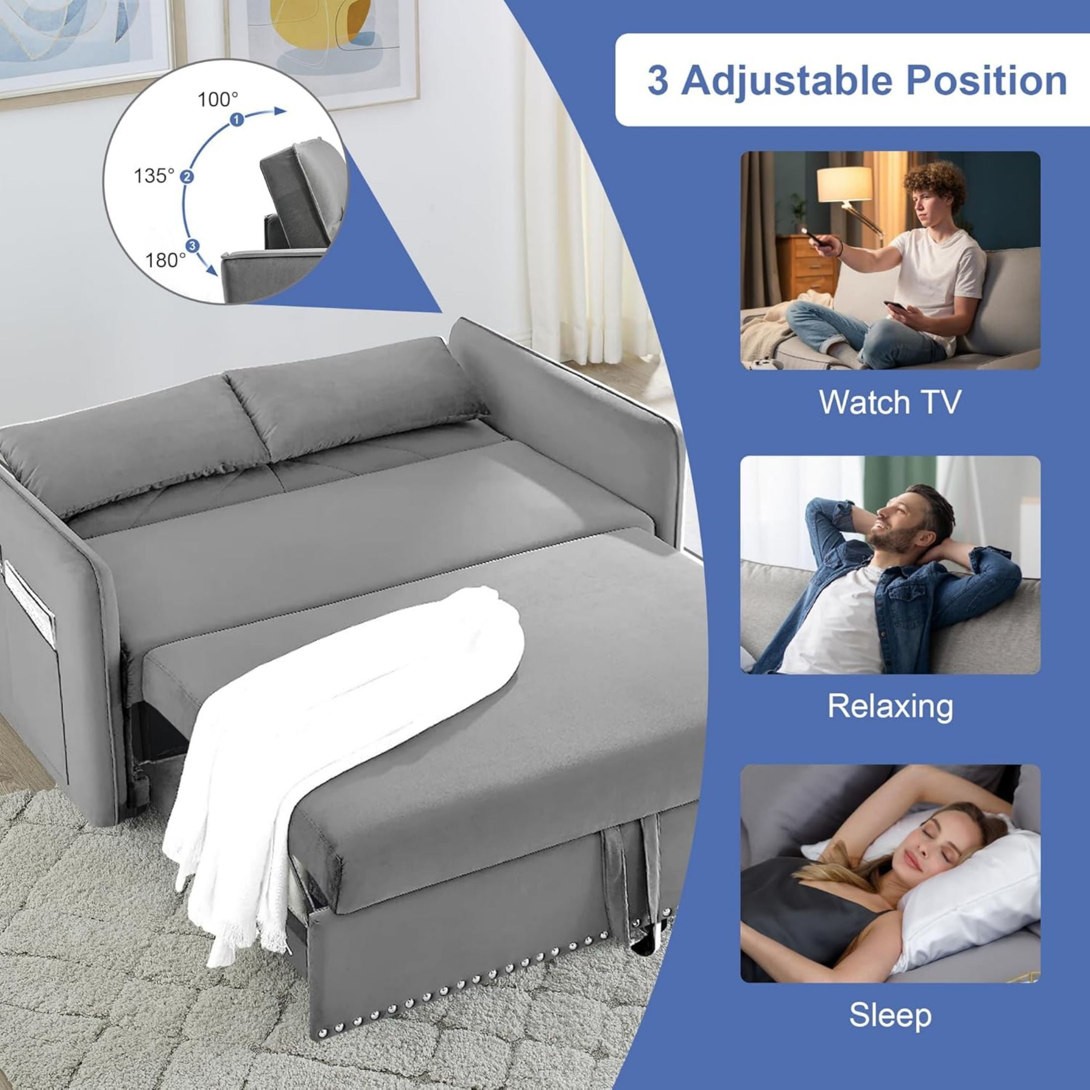DEALTOPS Pull Out Sofa Bed, Convertible Loveseat Sleeper Sofa with USB Ports and Side Pockets, Gray