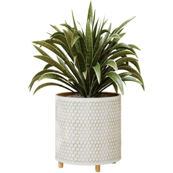 DYJP Honeycomb Gold and White Planter with Wooden Peg Leg Stand, 10-Inch Plant Pot, SelectBase, Mid-Century Modern, Indoor Home Decor Planters (Medium, 2 Gallon)