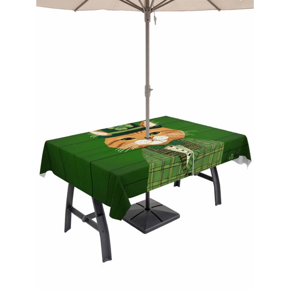 St. Patrick's Day Outdoor Tablecloth - 60x120 Inch Rectangle Dining Table Cover, Cute Kitten Cats Shamrock Leaf Wood Green Waterproof Outdoor Table Cloth with Umbrella Hole & Zipper for Picnic/Patio