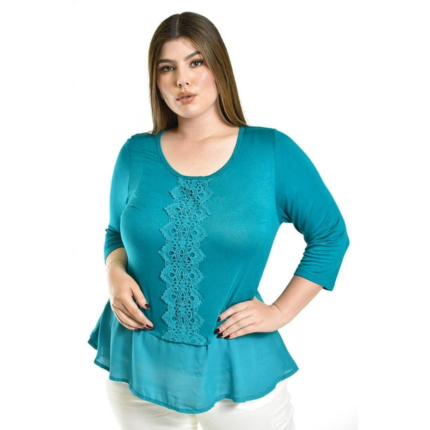Blusa con detalle de encaje Roman Fashion /Tallas Extras, 182 (Azul claro) azul 40