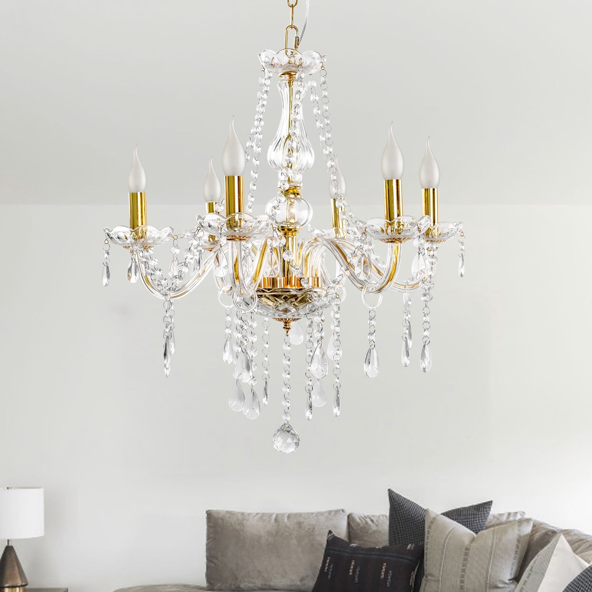 6 Lights Gold Color Luxurious Candle Crystal Chandelier, K9 Modern Crystal Chandelier for Dining Room, Ceiling Pendant Lamp for Living Bedroom Lighting Hall Balcony