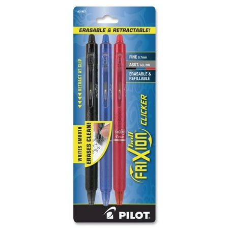 Pilot FriXion Clicker Erasable Gel Ink Retractable Pen, Assorted Ink, .7mm, 3ct