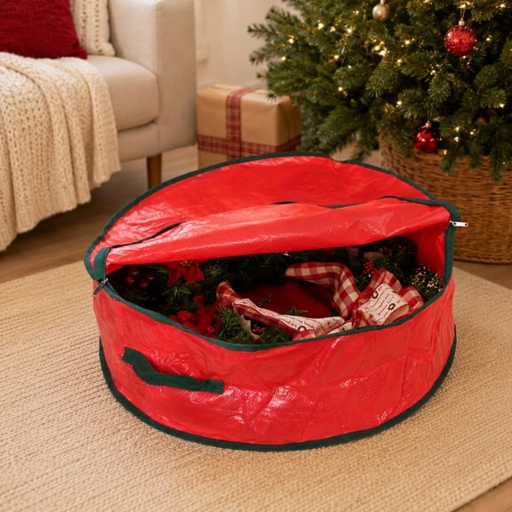 Northlight 24” Red and Green Christmas Wreath Round Storage Bag with Carrying Handle