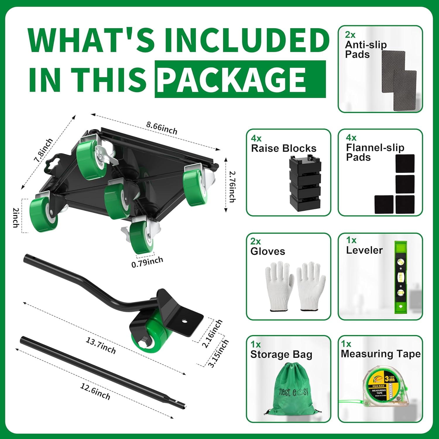 360 °   Rotating 5 Wheels Heavy Duty Furniture Dolly – Alloy Steel Furniture Movers with Measure Tape and Leveler, Up to 3000 lbs/1360 Kg Load Capacity