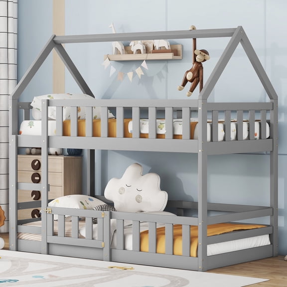 Euroco Wood Twin over Twin Bunk Bed, House Floor Bed with Fence and Door, Gray