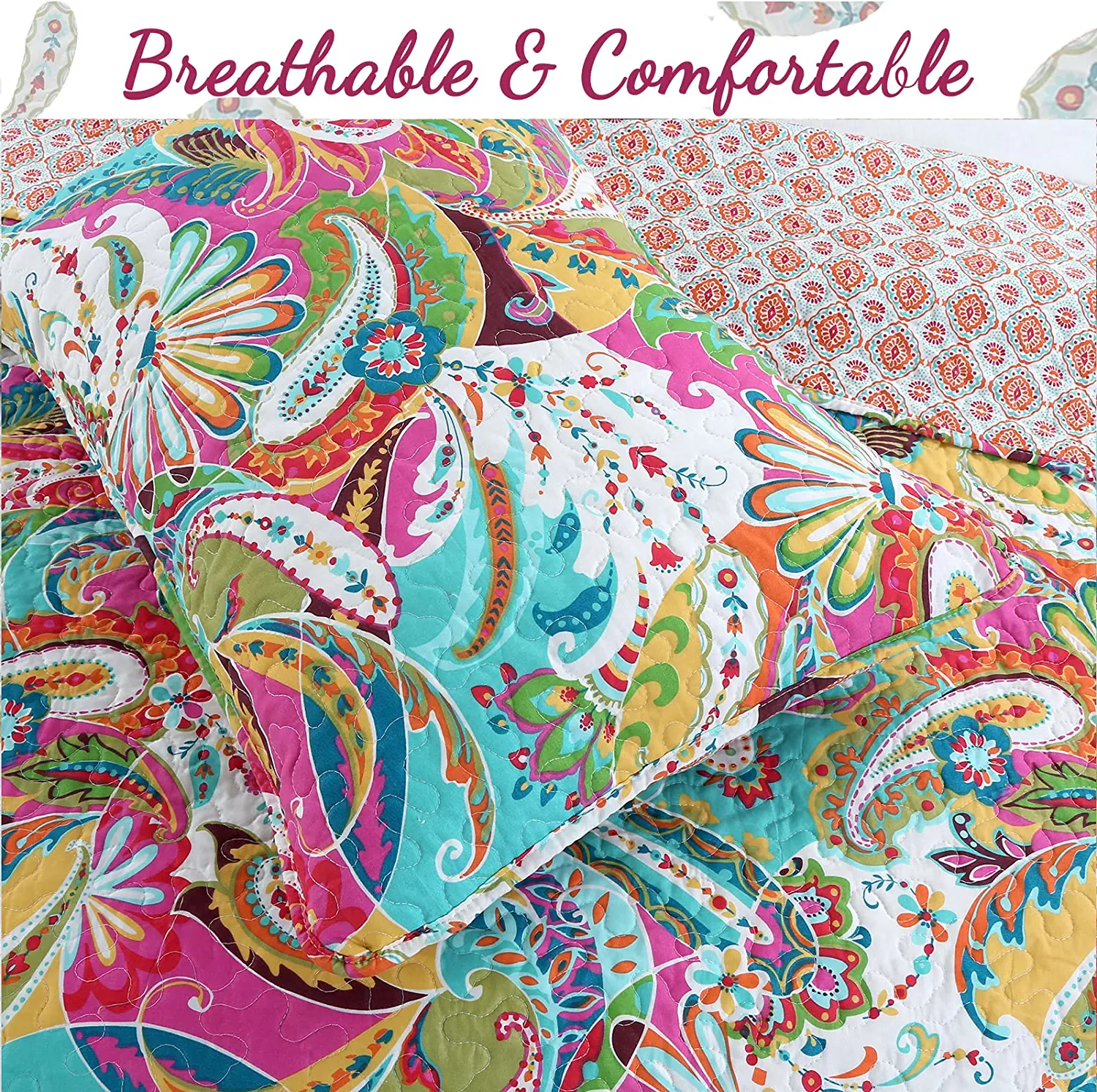Cozy Line Home Fashions Flourish Colorful Floral Reversible 3-Piece Quilt Bedding Set Queen