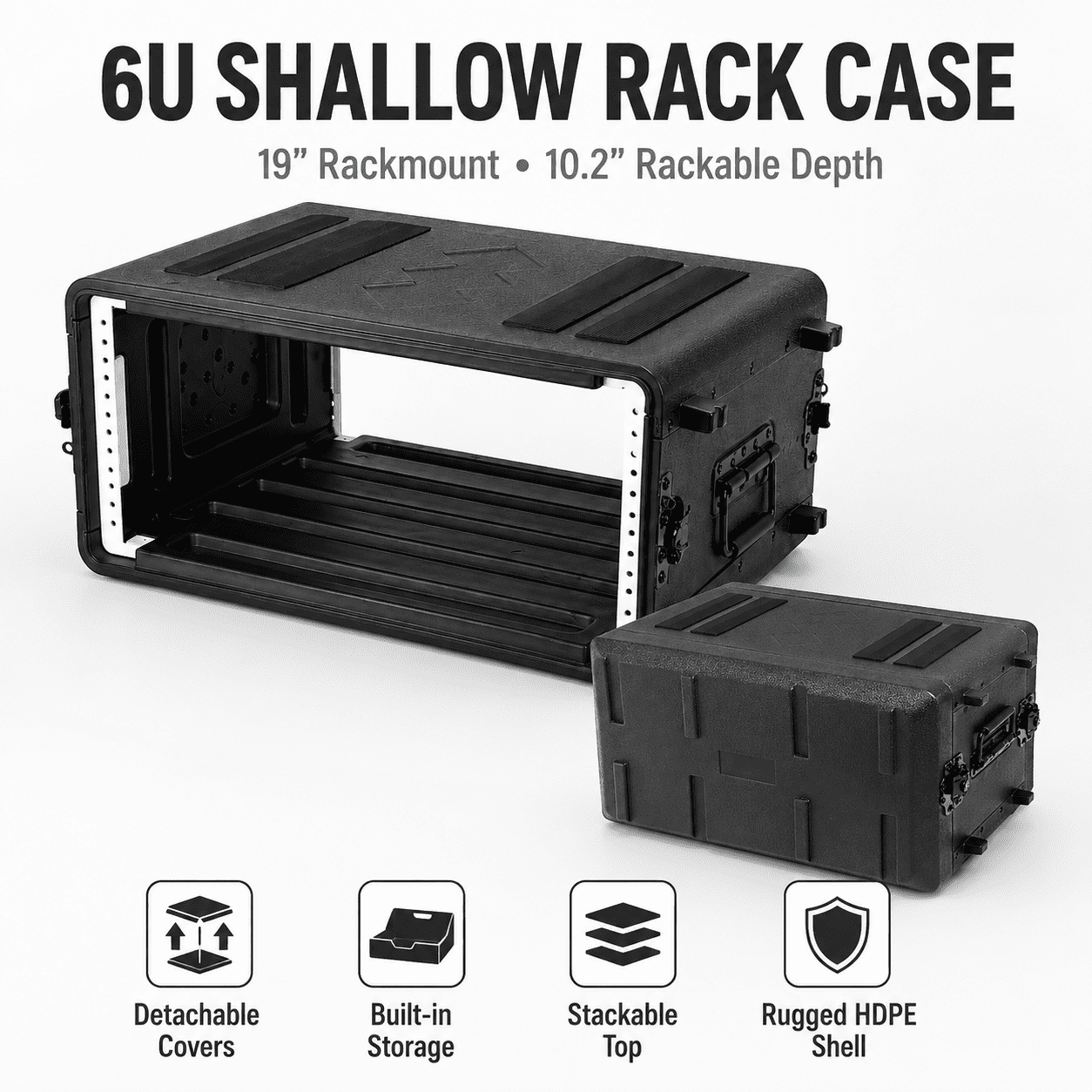 6U Rack Case - Watertight, Shockproof 19" Rackmount Flight Case w/Microphone Compartments, Stackable & 200lbs Load Capacity