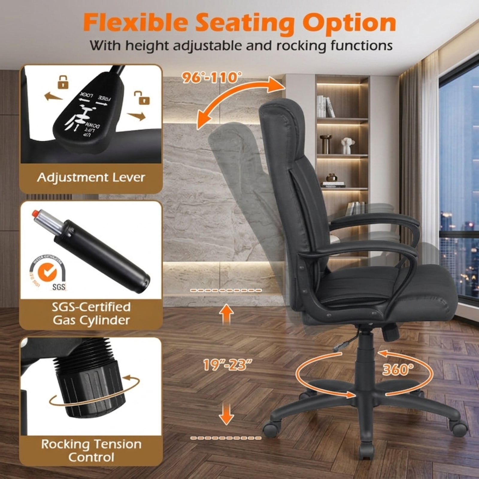 Furnibear Faux Leather Office Chair Computer Desk Chair with Rocking Function Padded Armrests Height Adjustable Swivel Seat and Casters, Black