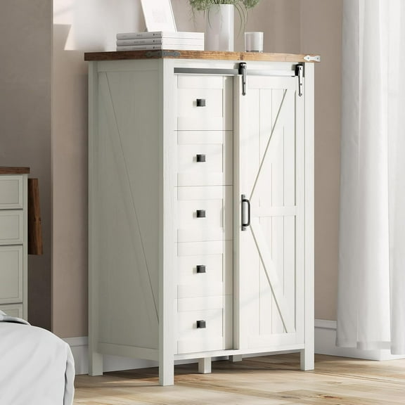 Merluxy Farmhouse Sideboard Buffet Cabinet with 5 Drawers & Sliding Barn Door for Living Room, White