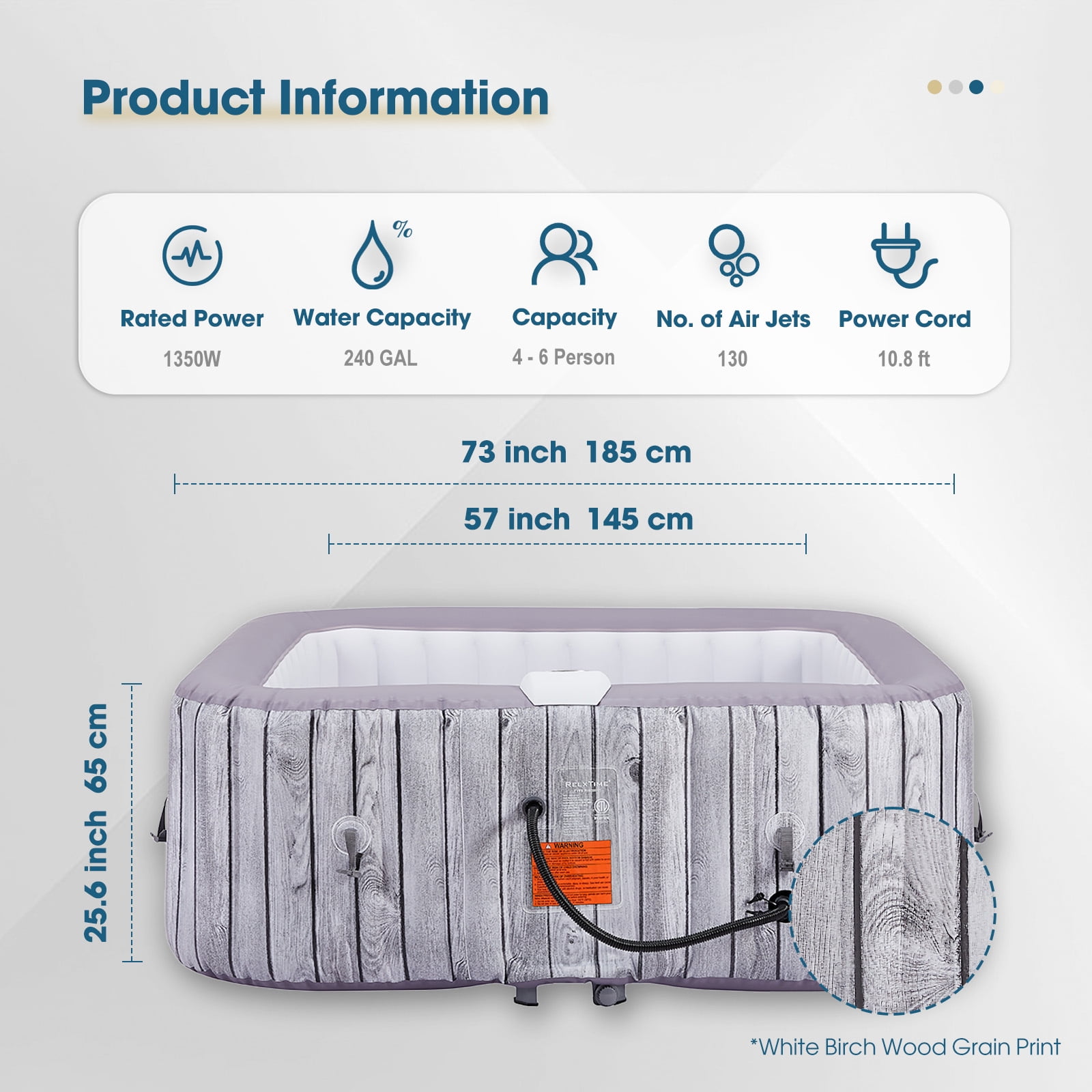RELXTIME 73" 6 Person Inflatable Hot Tub Set Outdoor Square Spa with 130 Massage Jets, Filters