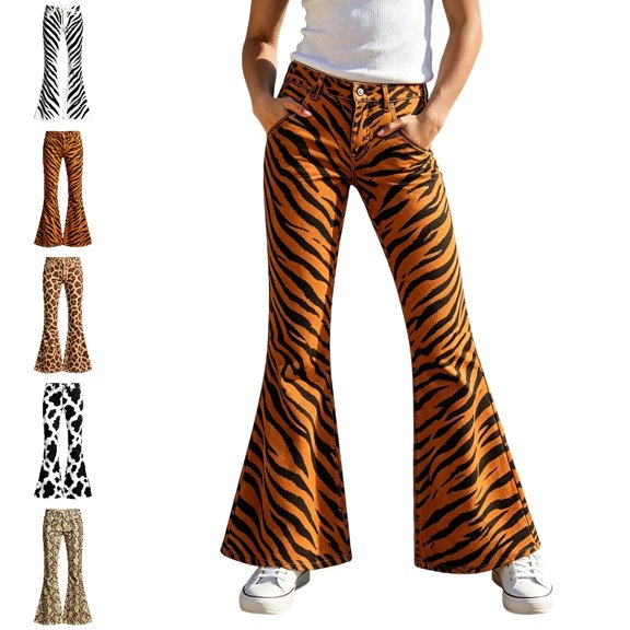 UJNDER Girls Leopard Print Wide Leg Trousers with Elastic Waist Playful Comfortable Everyday Style Girls Wide Leg Pants,05_Orange,11-12 Years