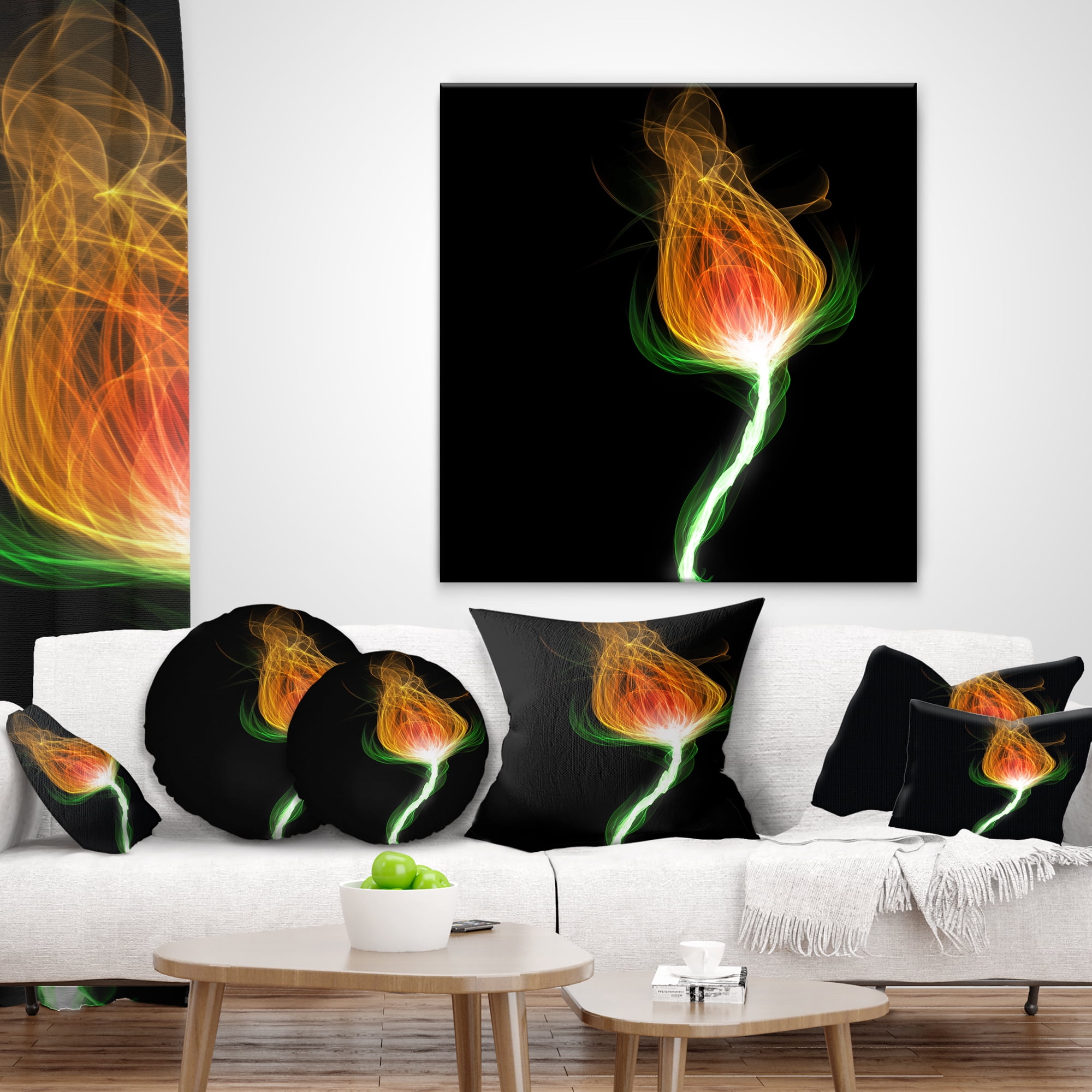 Designart Fiery Fractal Flower with Stem - Floral Throw Pillow - 12x20