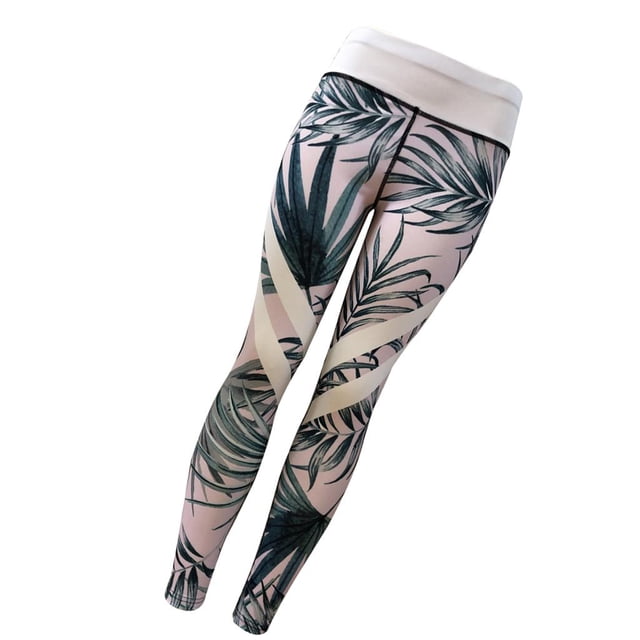 Mallas elásticas transpirables para mujer, para correr, fitness, yoga, pantalones con estampado de hojas L