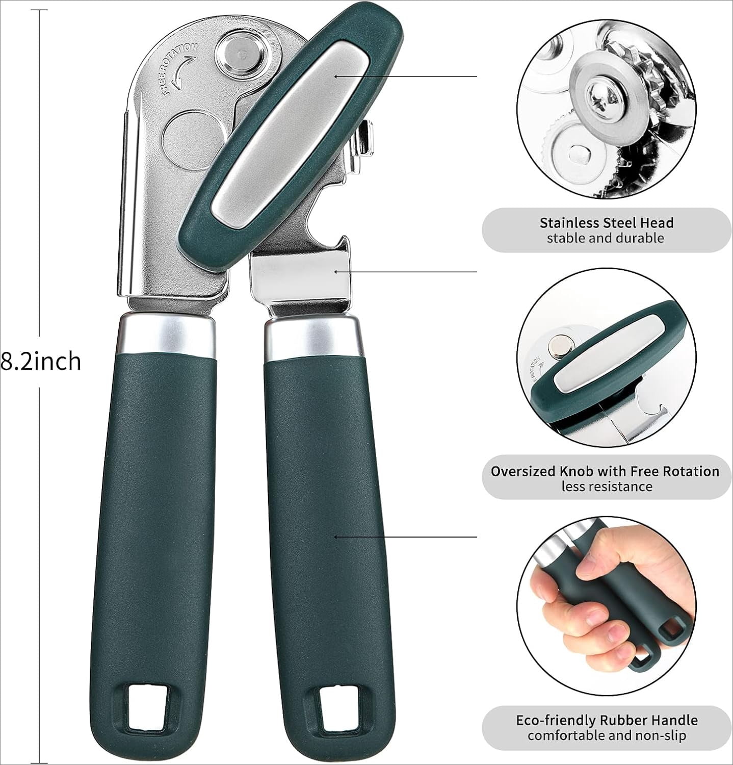 Heavy Duty Hand Can Opener Manual with Magnet, Durable Sharp Carbon Steel Blade Smooth Cutting, Big Effort-Saving Knob & Soft Grip Handle, Multifunctional Kitchen Tool with Bottle Opener, Green