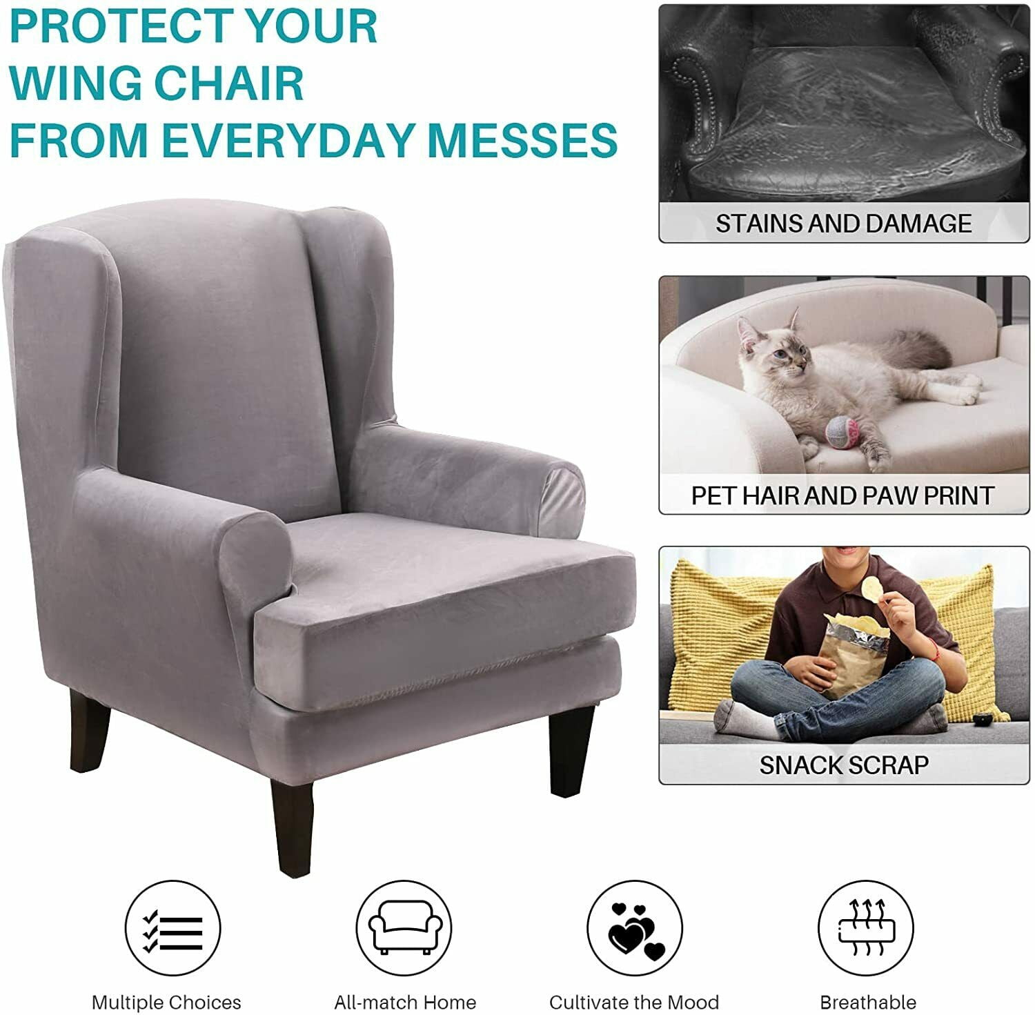 SHANNA Wingback Chair Slipcover Sofa Furniture Protector 2-Piece Armchair Covers with Seperate Seat Cushion Cover