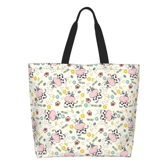 Pofeuu Cute Cow Print Reusable Grocery Bags - Washable, Foldable, Packable Tote, Large Handles, Heavy Duty, Zippered Top Pouch