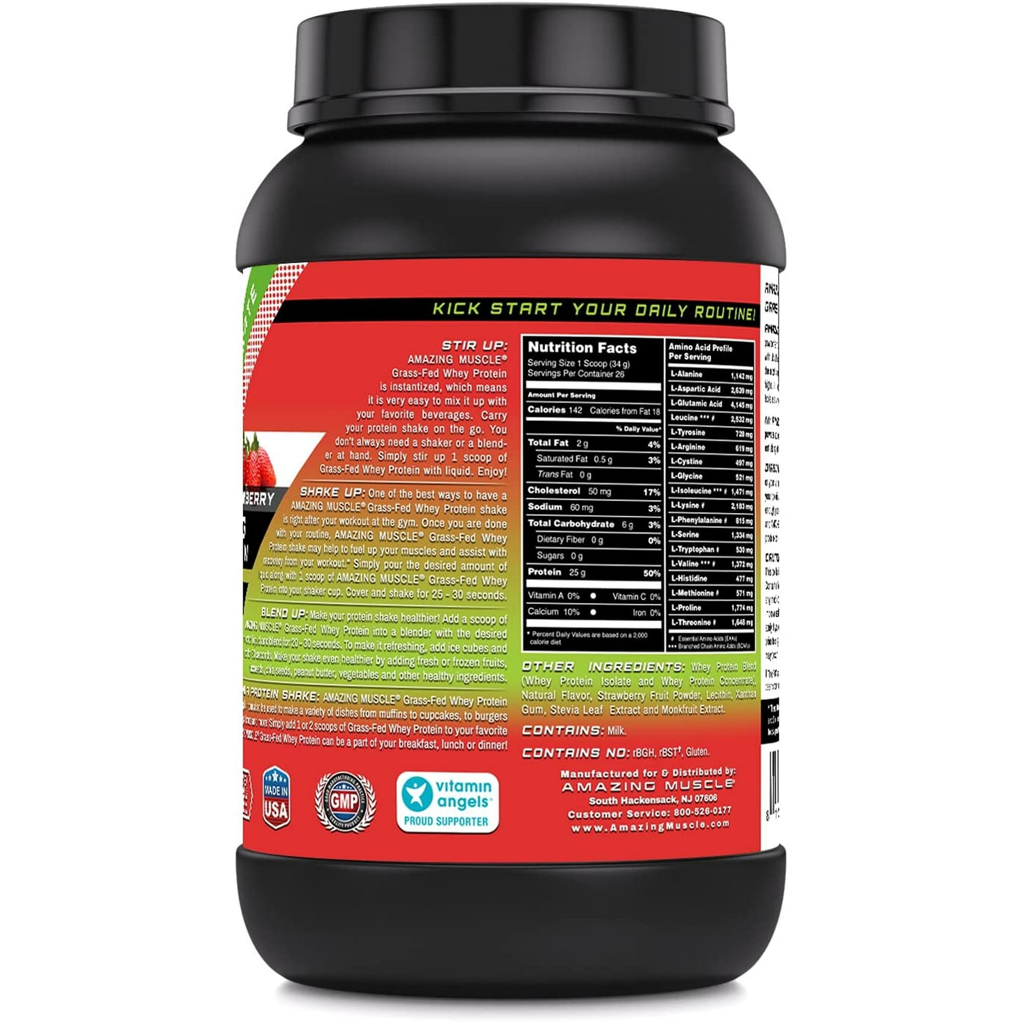 Amazing Muscle Grass Fed Whey Protein (Isolate & Concentrate)- 2Lbs Supplement | Strawberry Flavor | Non-GMO | Gluten Free | Made in USA