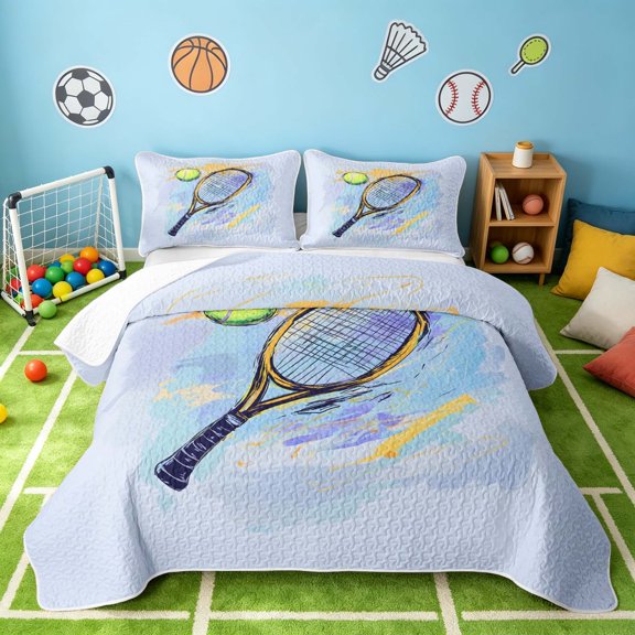 Manfei Boys Girls Tennis Twin Quilt Set, Sport Twin Coverlet Set, LightBlue Yellow Black, Gray Reversible 2 Pieces, 1 Bedspread and 1 Pillowcase