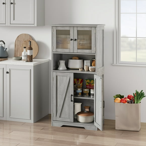 Armoire de Garde-Manger à Porte en Verre de 54 Pouces, avec Tablettes Ajustables, Autoportante pour Cuisine de Style Ferme, Salle de Bain, Salon