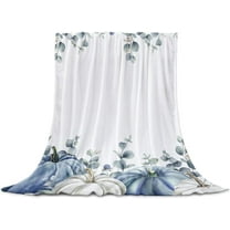 Fall Blue Grey Pumpkins Blanket Fleece Throw Blankets 40'' x 50'', Grey Pumpkin Thanksgiving Eucalyptus Leaves Super Soft Microfiber Warm Plush Cozy Luxury Bed Blankets All Season for Couch/Sofa/Gifts